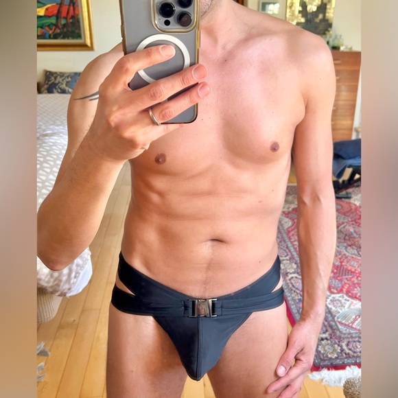 Andrew Christian Black Swim Trunks with Buckle - Picture 1 of 3